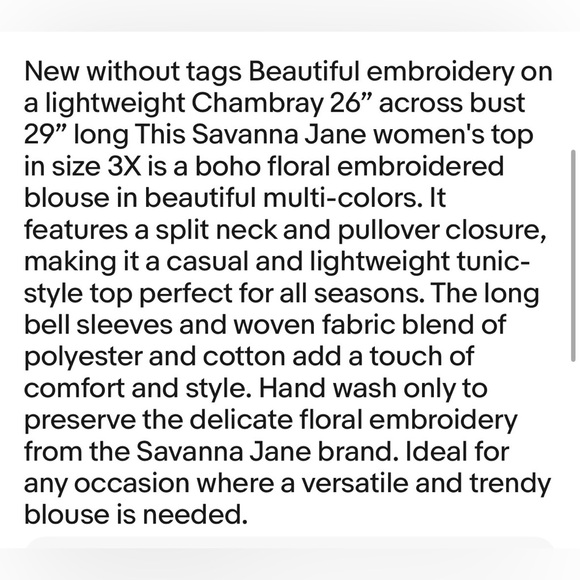 Savanna Jane Women's Chambray Floral Embroidered Bell Sleeve Blouse 3X - Picture 2 of 7